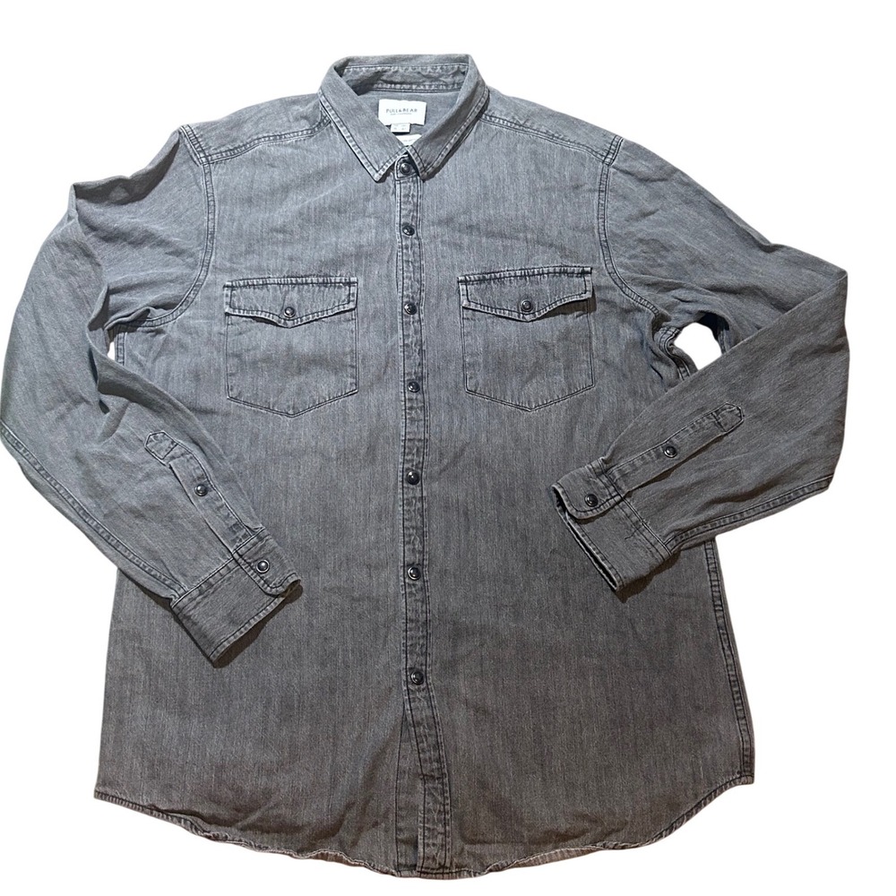 Pull&Bear Mens XL Gray Denim Shirt Long Sleeve Button Down Cotton Casual Shirt